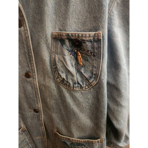 Vintage Adobe Designs Denim Jean Jacket Artsy Turtle Fish Rust Collared Size M - Picture 6 of 10